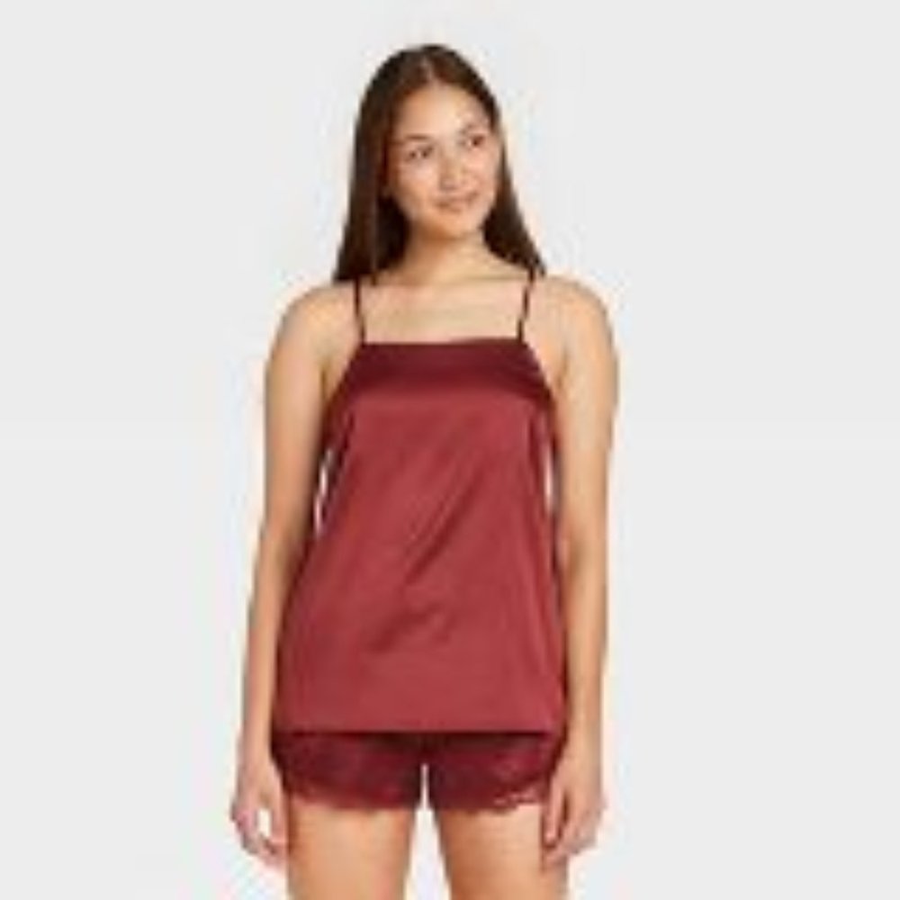 Satin Cami and Shorts Pajama Set - Stars Above - Burgundy XXL